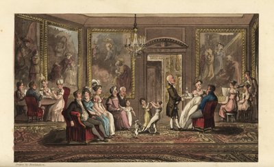 Johnny gives a big party. Social event in a large mansion, with guests playing cards, singing songs, talking, dancing, and socializing. Handcoloured copperplate engraving by Thomas Rowlandson from William Combe