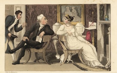 Johnny Interrupts an Argument Between Guests at a Party in a Regency Parlour by Thomas Rowlandson