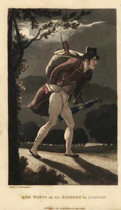 Johnny Walking on the Moonlit Road to London. He has a Backpack with Violin, a Book in his Coat Pocket, and Carries an Umbrella. Handcoloured Copperplate Engraving by Thomas Rowlandson from William Combe