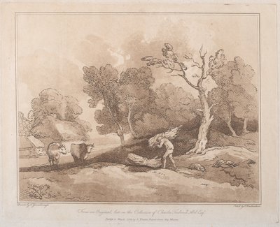 Landscape with a Figure Carrying a Bundle of Branches, a Copice Behind, Two Cows by Thomas Rowlandson