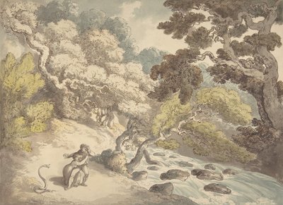 Landscape with rushing stream and a couple on the bank, frightened by a snake by Thomas Rowlandson