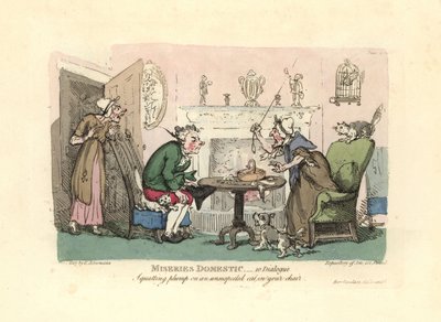 Man sitting down on a startled cat in his chair by Thomas Rowlandson