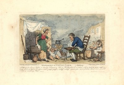 Man using bellows in front of a fire in a smoky room by Thomas Rowlandson
