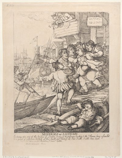 Miseries of London: Entering upon any of the bridges of London or any of the passages leading to the Thames being assailed by a group of watermen holding up their hands and bawling out. Oars Sculls. Sculls. Oars. Oars. by Thomas Rowlandson