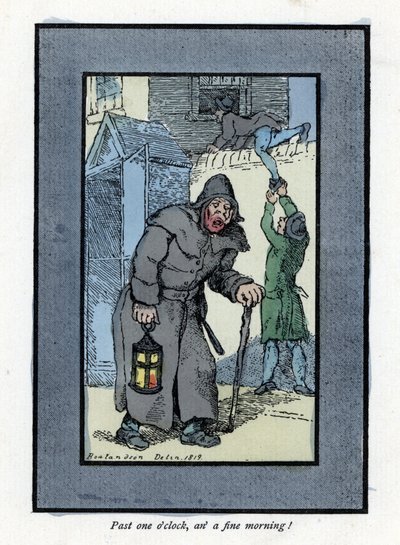 Night watchman with his lantern and stick, inattentive to two burglars entering a house behind him (1819). Wood engraving, based on a painting by Thomas Rowlandson (1756-1827) by Thomas Rowlandson