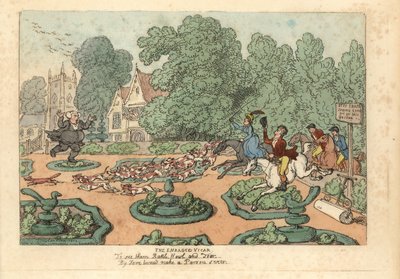 Parson cursing foxhunters and hounds trampling his garden by Thomas Rowlandson