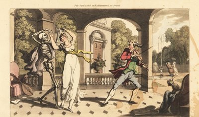 The skeleton of Death in a cape dances a final waltz with fragile Caelia, as her dance tutor looks aghast by Thomas Rowlandson