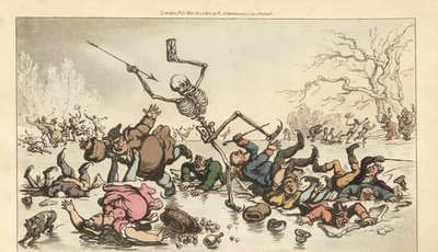 The Skeleton of Death Skating on a Frozen Pond. Handcoloured Copperplate by Thomas Rowlandson from 