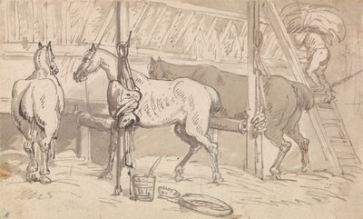 Three Horses in Stalls by Thomas Rowlandson