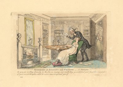 Woman sleeping at a desk while a man reads her secret thoughts by Thomas Rowlandson