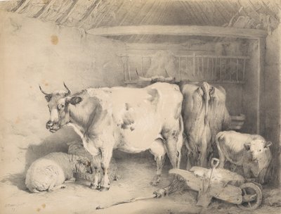 Sheep and Cattle in a Barn by Thomas Sidney Cooper