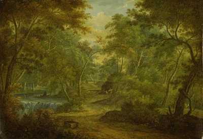 A Wooded Landscape with a Stream and a Fisherman by Thomas Smith of Derby