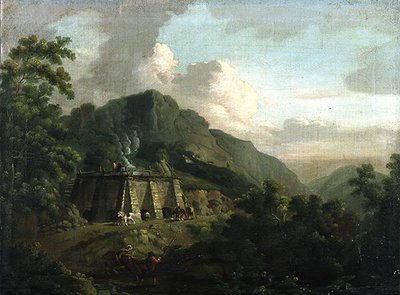 Wooded Landscape, with Workers and Horses Working a Lime Kiln by Thomas Smith of Derby