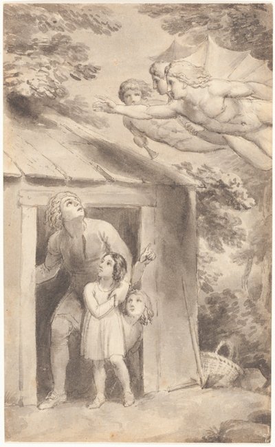 Peter and His Children Visited by Three Flying Figures by Thomas Stothard