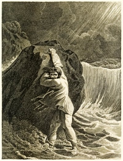 Robinson Crusoe Shipwrecked and Clinging to a Rock from The Life and Strange Surprising Adventures of Robinson Crusoe, or York, Mariner by Daniel Defoe by Thomas Stothard