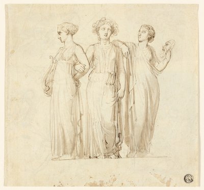 Three Muses (recto); Study of Knight and Monk for an Illustration in a Gothic Novel (verso) by Thomas Stothard