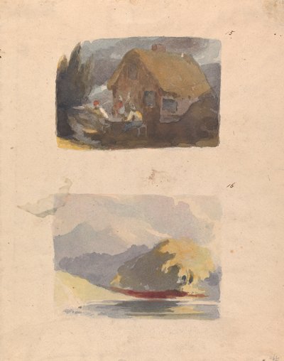 Two Drawings on One Sheet: Cottage with Figures in Front (no. 15); Landscape with River and Mountains - Sunshine (no. 16) by Thomas Sully