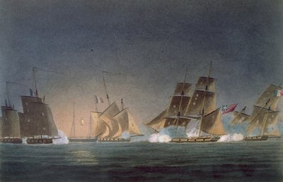 HMS Rinaldo engaging four French Privateers, engraved by J. Bailey for 
