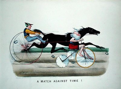 A Match Against Time, race between a horse and father Time on a bicycle by Thomas Worth