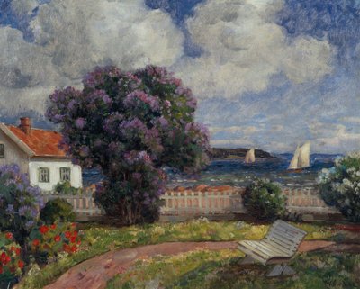 Coastal Landscape with Blooming Lilac Bush by Thorolf Holmboe