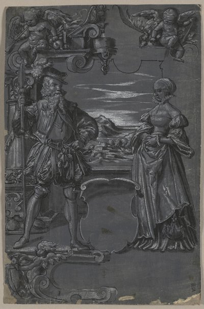 Design for Glass Painting: Man and Woman in Architectural Setting by Tobias Stimmer