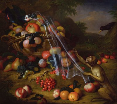 Mixed Fruit with a Monkey, a Parrot, a Jay and Two Finches in a Landscape by Tobias Stranover