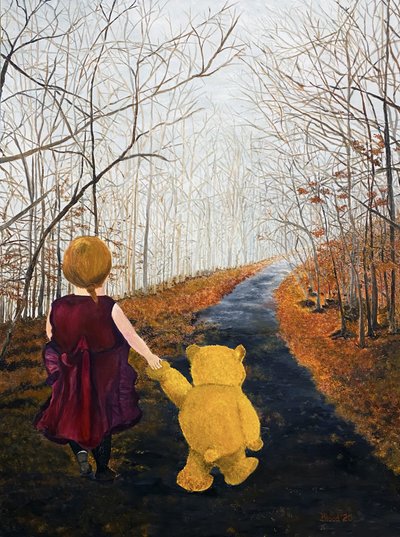 Girl and Bear Autumn Walk by Tom Blood