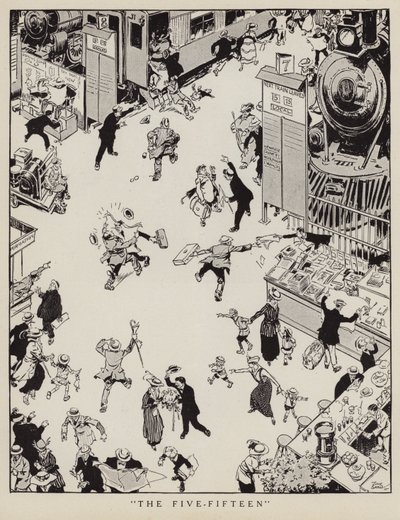 Commuters rushing to catch the 5.15 train about to leave the station by Tony Sarg