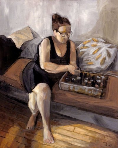 Woman Arranging Bottles by Tore Bahnson