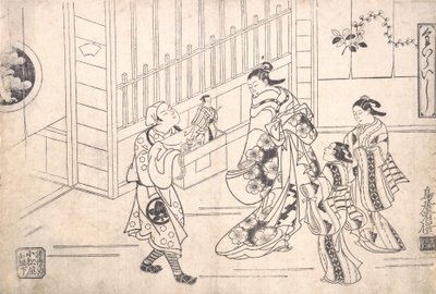 The Actor Ichimura Takenojo VIII in the Role of a Puppeteer, Showing Puppets to a Cour..., ca. 1715 by Torii Kiyomasu I