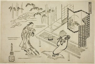 The Actors Nakamura Takesaburo I as Kewaizaka no Shosho and Ichikawa Danjuro II as Soga no Goro dressed as a komuso in the play 