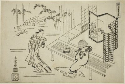The Actors Nakamura Takesaburo I as Kewaizaka no Shosho and Ichikawa Danjuro II as Soga no Goro dressed as a komuso in the play 