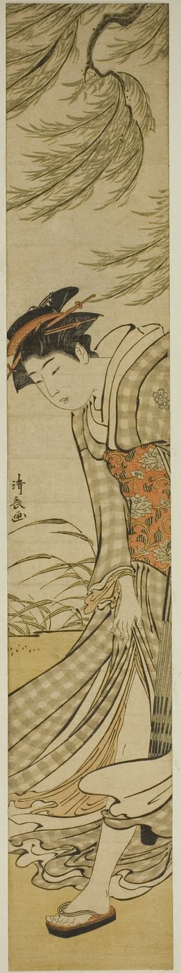 Courtesan Walking Under a Willow Tree on a Breezy Day by Torii Kiyonaga