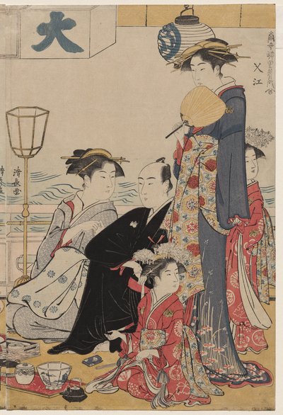 Entertainment on a Balcony by the Water at Nakasu, from the series, A Collection of Beautiful Modern Women of the Pleasure Quarters by Torii Kiyonaga
