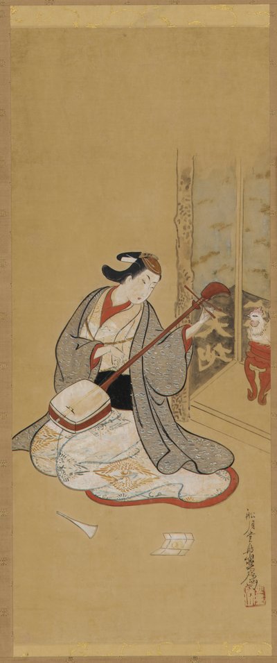 An Actor in Female Dress Stringing a Samisen by Toriyama Sekien