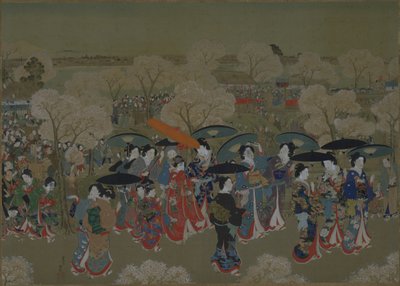 Beauties Viewing Cherry Blossoms at Sumida River by Toyohara Kunichika