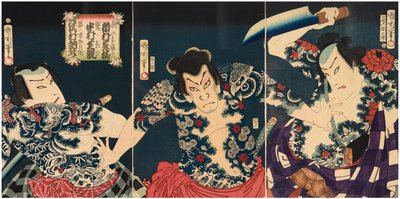 The kabuki actors (right to left) Ichimura Kakitsu IV as Asahina Tobei, Nakamura Shikan IV as Washi no Chokichi and Sawamura Tosshi II as Yume no Ichirobei, IV/1868 by Toyohara Kunichika