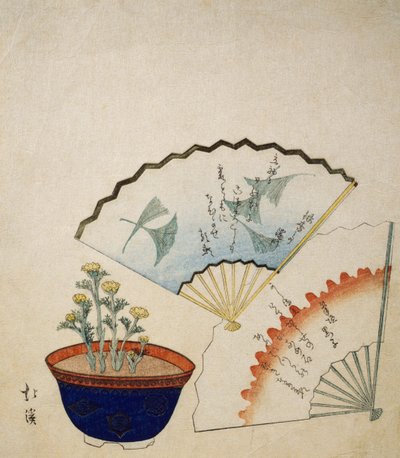 Vase with Adonis and Two Fans Decorated with Poems by Ichotei Mitsunori and Fudegaki, circa 1830 by Toyota Hokkei