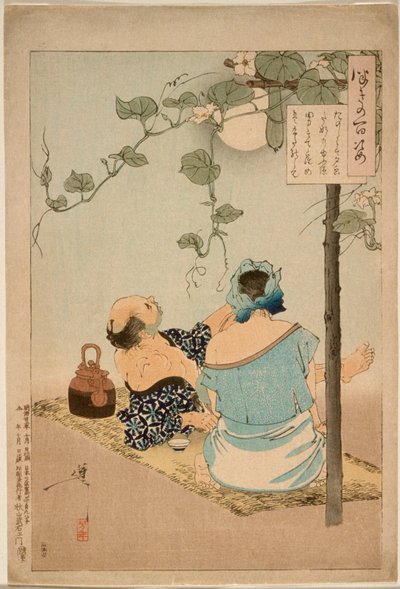 A Couple Enjoying the Flowering Evening Face Arbor by Tsukioka Yoshitoshi