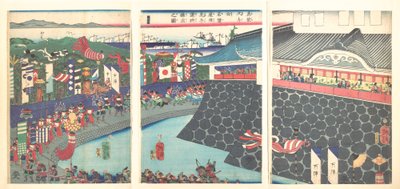 Hideyoshi and His Troops Leaving Nagoya Camp (Mashiba Hideyoshi kō nagoya jin saki te no shoshō kuridashi no zu) by Tsukioka Yoshitoshi