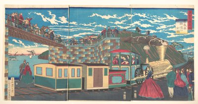Illustration of Steam Locomotive Tracks at Takanawa, from the series Famous Places in Tokyo by Tsukioka Yoshitoshi