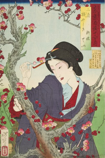 Second Month: Tei of Shinbashi by a Plum Tree at Umeyashiki by Tsukioka Yoshitoshi