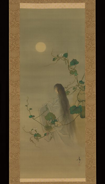 The Spirit of the Deceased Yūgao Entwined in Moonflower Vines, based on the print “The Lady of the Evening Faces,” from the series One Hundred Aspects of the Moon by Tsukioka Yoshitoshi