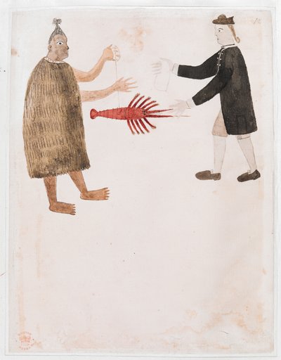 A Maori bartering a crayfish with an English naval officer, 