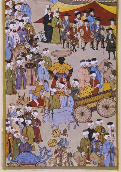 Merchants and acrobats arriving before the European ambassadors, from Sur-Nama by Turkish School