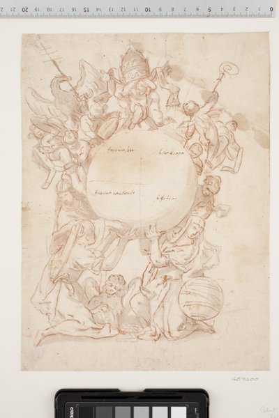 Various figures, including the Lion of St. Mark, a doge, and a woman beside a globe, supporting a large globe divided into four fields, marked with inscriptions such as "America Sett.", "America meridionale", "Asiaeropa" and "Africa" by Ubekendt