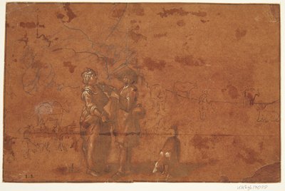 Woman and Man with Dog; Studies of Various Animals by Ubekendt