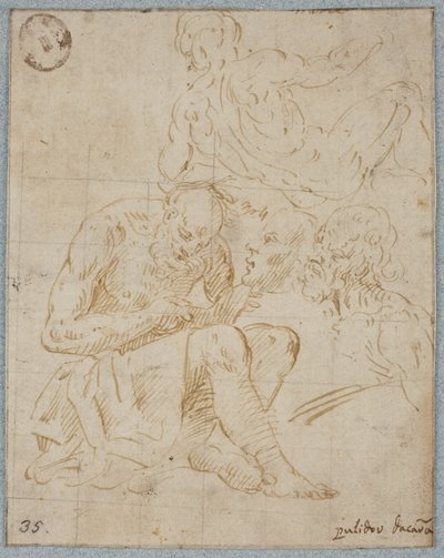 A Study for a Seated Figure Reading, a Prostrated Male Nude Seen from Behind, and Two Male Heads by Ubekendt Ubekendt