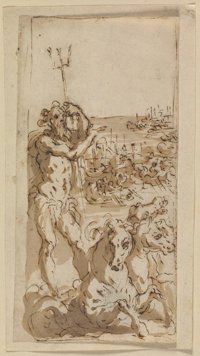 Neptune Indicating a Naval Battle in the Background by Ubekendt Ubekendt