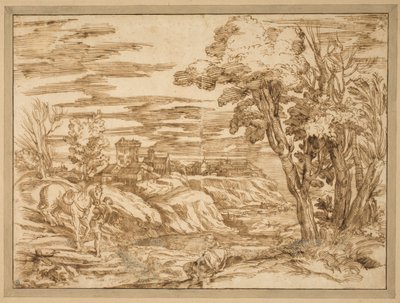 River Landscape with a Seated Man with a Turban and a Boy Leading a Horse in the Foreground, after the Etching B.8, Attributed to Titian by Ubekendt Ubekendt